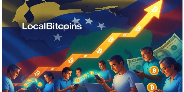 Personas con portátiles y móviles conectadas por símbolos de bitcoin que ascienden en flecha, sobre fondo con bandera venezolana y mapa que sugiere adopción creciente.