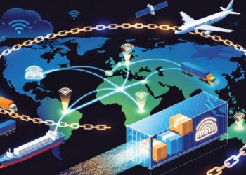 Mapa mundial con rutas luminosas, íconos de transporte y cadenas doradas que simbolizan la conexión global de la logística mediante tecnología digital y blockchain.