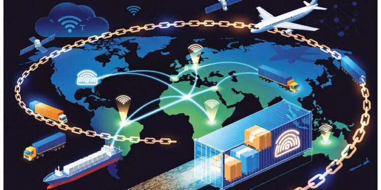 Mapa mundial con rutas luminosas, íconos de transporte y cadenas doradas que simbolizan la conexión global de la logística mediante tecnología digital y blockchain.