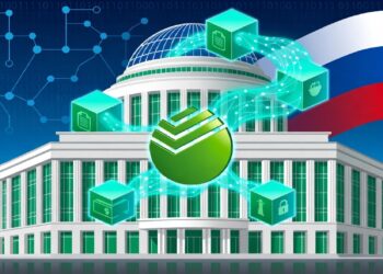 Edificio institucional con cúpula y logo verde rodeado de cubos conectados con íconos digitales, sobre fondo de binarios y colores rusos que sugieren servicios tecnológicos.