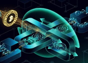 Símbolo de bitcoin brillante rodeado de líneas y flechas luminosas sobre fondo de bloques y circuitos interconectados en tonos azul y dorado que evocan red blockchain.