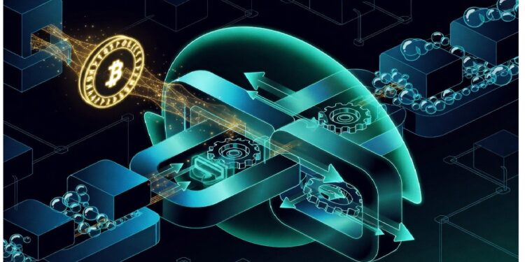 Símbolo de bitcoin brillante rodeado de líneas y flechas luminosas sobre fondo de bloques y circuitos interconectados en tonos azul y dorado que evocan red blockchain.