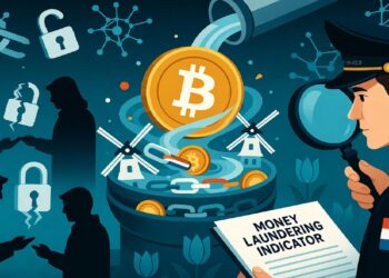 Moneda de bitcoin cayendo en contenedor tipo lavadora rodeado de siluetas, cadenas digitales y policía que examina indicios, con tulipanes y molinos al fondo.