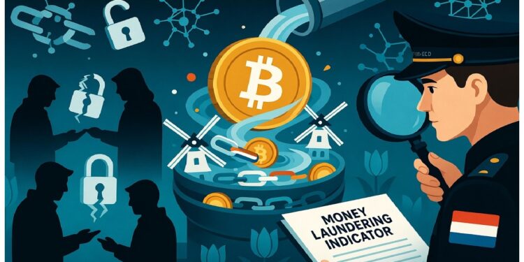 Moneda de bitcoin cayendo en contenedor tipo lavadora rodeado de siluetas, cadenas digitales y policía que examina indicios, con tulipanes y molinos al fondo.