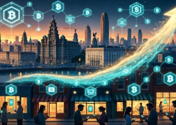 Ciudad futurista al atardecer con símbolos de criptomonedas flotando y una flecha luminosa ascendente que representa el crecimiento digital en un entorno urbano.