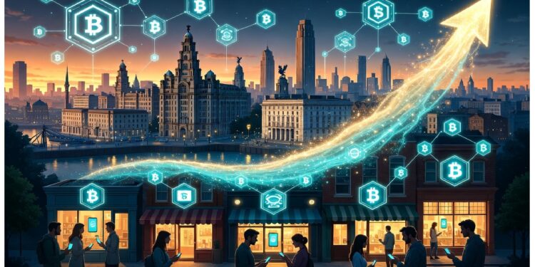 Ciudad futurista al atardecer con símbolos de criptomonedas flotando y una flecha luminosa ascendente que representa el crecimiento digital en un entorno urbano.