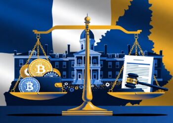 Balanza dorada que contrapone criptomonedas con documentos legales y un mazo, frente a un edificio institucional que sugiere el peso de la regulación financiera.