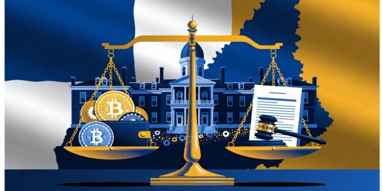 Balanza dorada que contrapone criptomonedas con documentos legales y un mazo, frente a un edificio institucional que sugiere el peso de la regulación financiera.