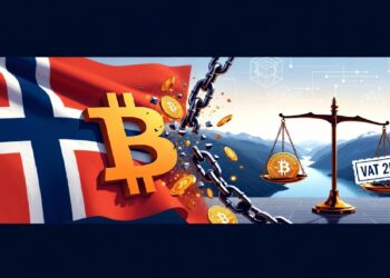 Símbolo de bitcoin rompiendo cadenas frente a bandera noruega, con monedas volando y balanza dorada que contrapone bitcoin y un cartel marcado VAT 25% sobre paisaje montañoso.