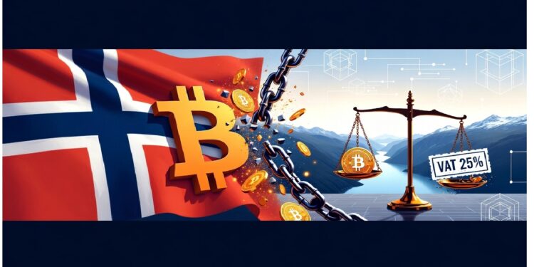 Símbolo de bitcoin rompiendo cadenas frente a bandera noruega, con monedas volando y balanza dorada que contrapone bitcoin y un cartel marcado VAT 25% sobre paisaje montañoso.