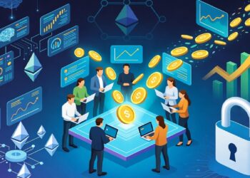 Grupo reunido alrededor de plataforma luminosa con laptops, rodeado de símbolos cripto, gráficos holográficos y candado digital que alude a análisis y seguridad en finanzas blockchain.