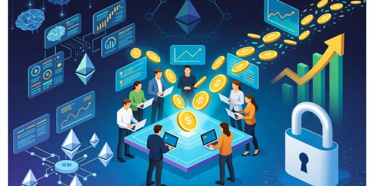 Grupo reunido alrededor de plataforma luminosa con laptops, rodeado de símbolos cripto, gráficos holográficos y candado digital que alude a análisis y seguridad en finanzas blockchain.