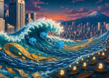 Ola formada por bloques y cadenas digitales con monedas y billetes, avanzando hacia ciudad moderna con montañas al fondo y pequeños botes con símbolo de bitcoin.