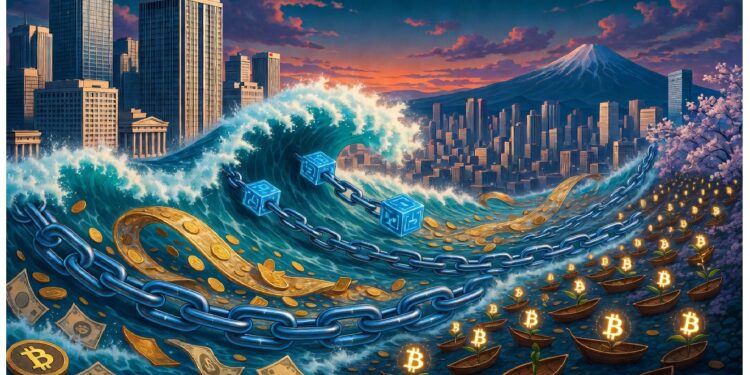 Ola formada por bloques y cadenas digitales con monedas y billetes, avanzando hacia ciudad moderna con montañas al fondo y pequeños botes con símbolo de bitcoin.