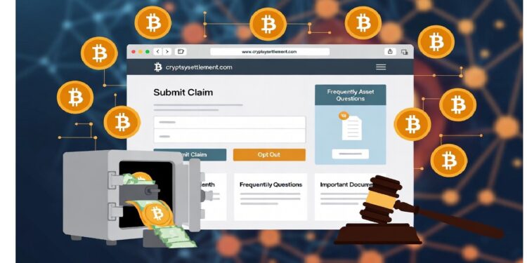 Página de reclamo cripto con botones de envío y opción de exclusión, rodeada de bitcoins conectados, caja fuerte con dinero y mazo judicial que alude a acuerdos legales.