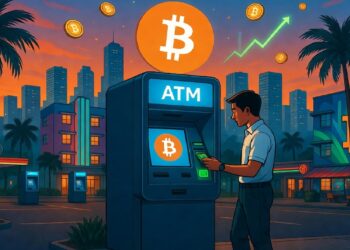 Sujeto usando cajero automatico de bitcoin con un atardecer de fondo.