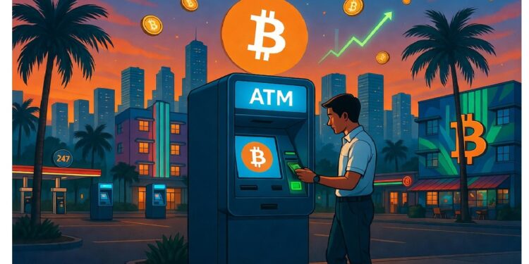 Sujeto usando cajero automatico de bitcoin con un atardecer de fondo.