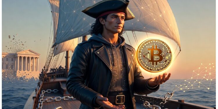 Persona con atuendo pirata moderno sostiene moneda bitcoin brillante en la cubierta de un barco, con templo clásico desintegrándose en fragmentos digitales al fondo.