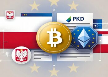 Bitcoin dorado junto a logo de Ethereum y banderas polacas, con un documento PKD y estrellas azules que evocan la relación entre criptomonedas, Polonia y la UE.