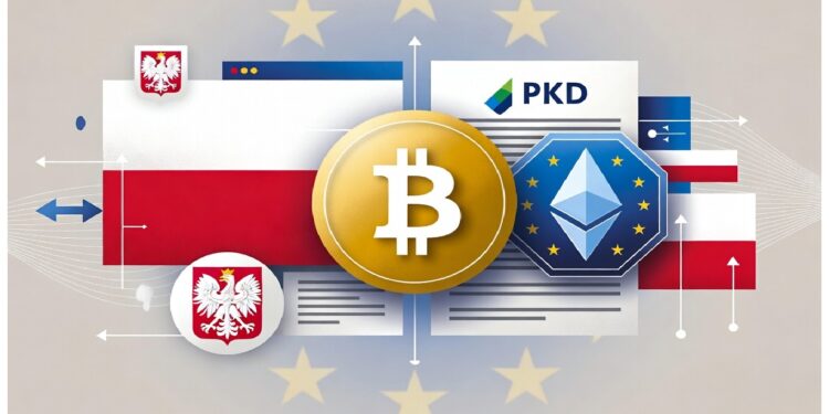 Bitcoin dorado junto a logo de Ethereum y banderas polacas, con un documento PKD y estrellas azules que evocan la relación entre criptomonedas, Polonia y la UE.