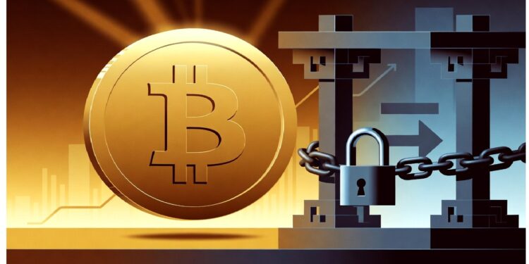 Moneda dorada de bitcoin junto a estructura de bloques encadenados con candado, sobre fondo oscuro con líneas financieras que evocan seguridad y tecnología criptográfica.