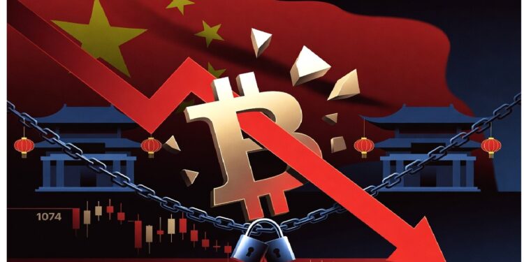 Bandera china detrás de un bitcoin encadenado con flecha roja descendente y gráfico que muestra caída de valor, junto a arquitectura tradicional en tonos intensos.