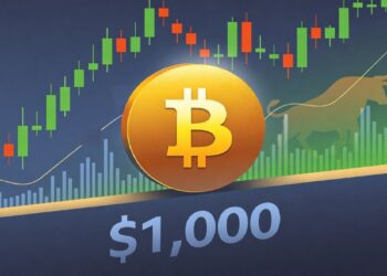 Símbolo dorado de bitcoin sobre un gráfico de velas en alza, con barras de volumen y la silueta de un toro al fondo que refuerza un sentimiento de mercado optimista.