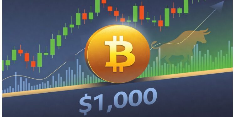 Símbolo dorado de bitcoin sobre un gráfico de velas en alza, con barras de volumen y la silueta de un toro al fondo que refuerza un sentimiento de mercado optimista.