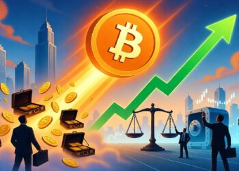 Bitcoin dorado elevándose como cohete entre maletines y monedas, con flecha verde ascendente, rascacielos de fondo y figuras de negocios observando la escena.