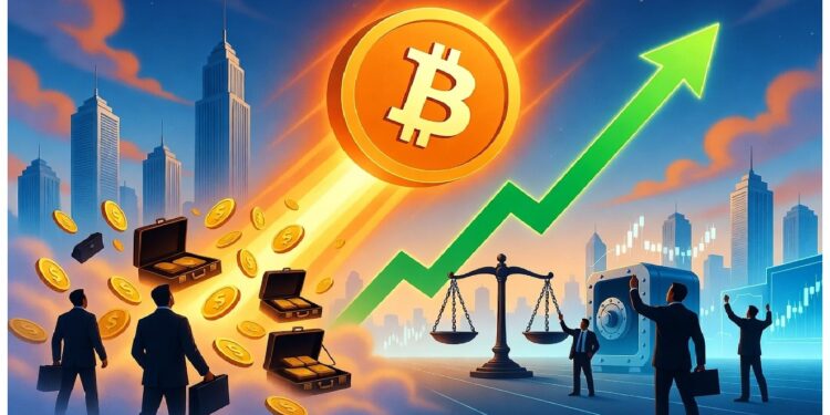 Bitcoin dorado elevándose como cohete entre maletines y monedas, con flecha verde ascendente, rascacielos de fondo y figuras de negocios observando la escena.