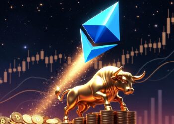 Toro dorado sobre monedas con símbolos de bitcoin, mientras un emblema de Ethereum asciende entre gráficos financieros brillantes sobre un cielo nocturno estrellado.