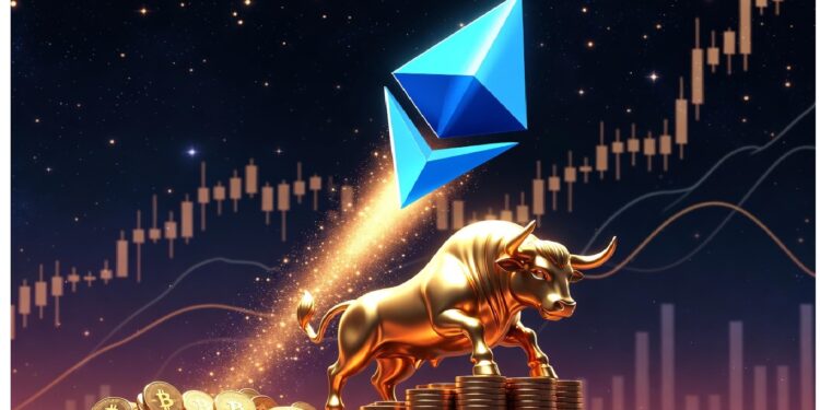 Toro dorado sobre monedas con símbolos de bitcoin, mientras un emblema de Ethereum asciende entre gráficos financieros brillantes sobre un cielo nocturno estrellado.