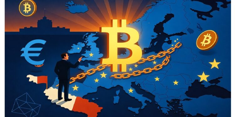 Hombre sobre mapa europeo seรฑalando gran Bitcoin encadenado sobre Italia, con sรญmbolos de euro y estrellas de la UE alrededor, aludiendo a tensiones entre criptomonedas y regulaciรณn.