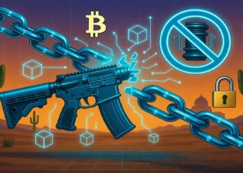 Rifle futurista integrado en cadena luminosa con íconos de bitcoin, candado y martillo tachado, sobre paisaje desértico con cactus y cúpula al fondo.
