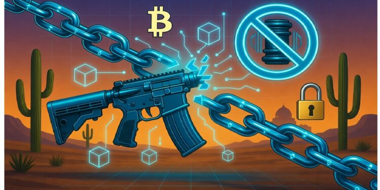 Rifle futurista integrado en cadena luminosa con íconos de bitcoin, candado y martillo tachado, sobre paisaje desértico con cactus y cúpula al fondo.