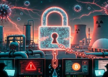 Torres industriales y virus energéticos rodean candado neón, mientras dos personas ante monitores con alertas y bitcoin enfrentan escenario de ciberataque tipo ransomware.