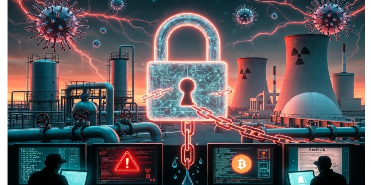 Torres industriales y virus energéticos rodean candado neón, mientras dos personas ante monitores con alertas y bitcoin enfrentan escenario de ciberataque tipo ransomware.
