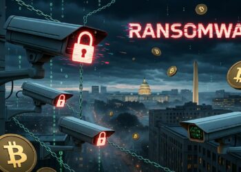 Cámaras de seguridad con candados rojos apuntan a Washington mientras la palabra ransomware y símbolos de bitcoin destacan una amenaza cibernética creciente.
