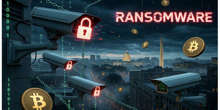 Cámaras de seguridad con candados rojos apuntan a Washington mientras la palabra ransomware y símbolos de bitcoin destacan una amenaza cibernética creciente.