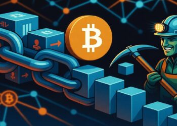 Minero sonriente con casco y pico junto a cadena de bloques azul y gran Bitcoin central, rodeado de nodos digitales que evocan minería cripto y funcionamiento de la blockchain.