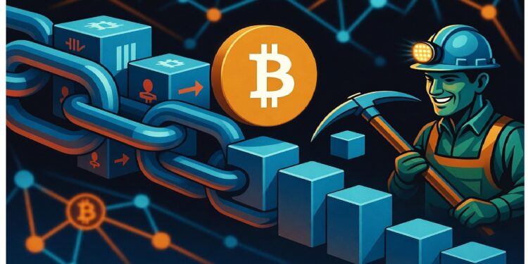 Minero sonriente con casco y pico junto a cadena de bloques azul y gran Bitcoin central, rodeado de nodos digitales que evocan minería cripto y funcionamiento de la blockchain.