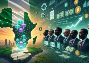 Mapa de África con colores nigerianos iluminado por cubos blockchain, mientras ejecutivos observan pantallas con criptomonedas y datos que proyectan grandes ahorros.