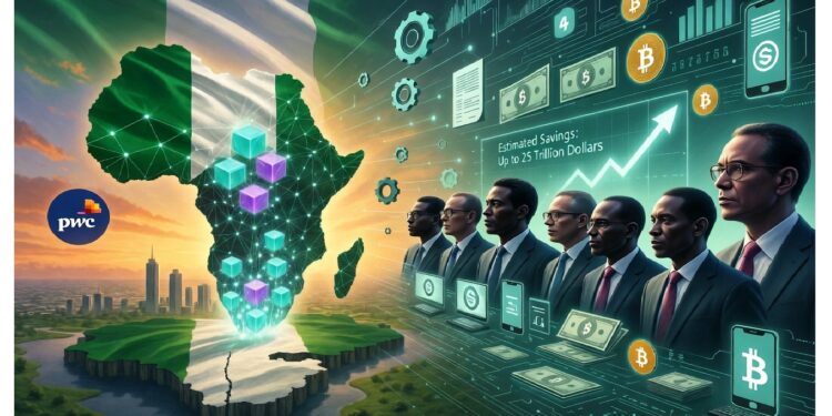 Mapa de África con colores nigerianos iluminado por cubos blockchain, mientras ejecutivos observan pantallas con criptomonedas y datos que proyectan grandes ahorros.