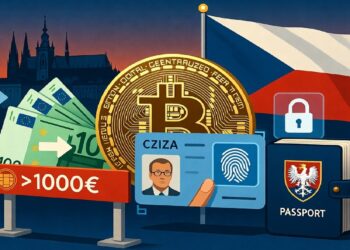 Símbolos de bitcoin y euros junto a billetes, una identificación checa y un pasaporte, con la silueta de Praga y la bandera nacional al fondo sugiriendo control financiero.