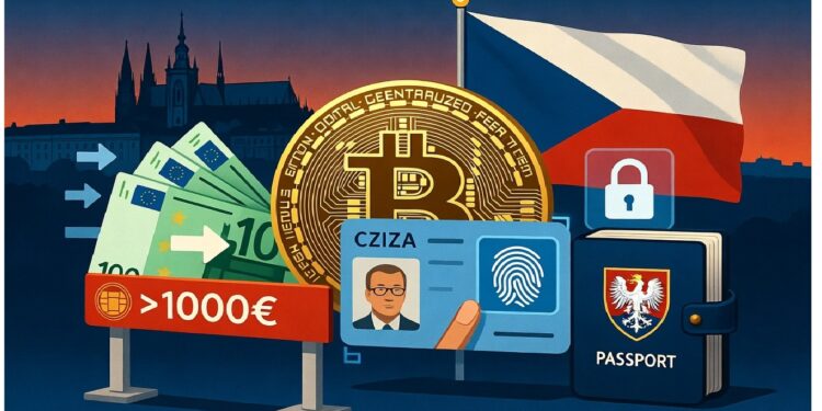 Símbolos de bitcoin y euros junto a billetes, una identificación checa y un pasaporte, con la silueta de Praga y la bandera nacional al fondo sugiriendo control financiero.