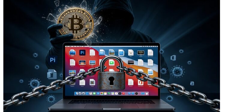 Laptop encadenada con candado frente a figura encapuchada que sostiene símbolo de Bitcoin, rodeada de cubos digitales y virus, aludiendo a ciberataques y ransomware.