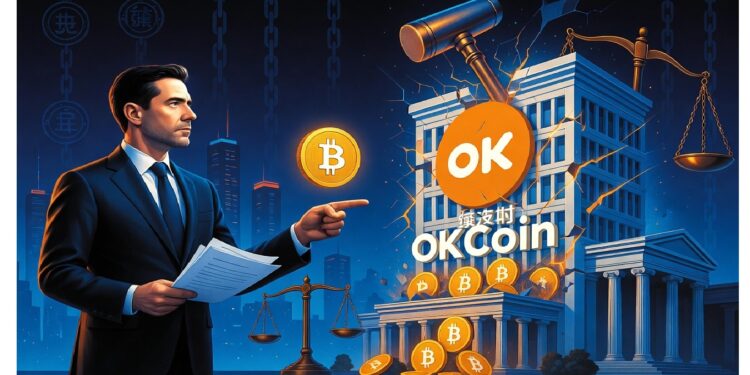 Hombre con documentos señala edificio institucional rodeado de mazo, balanza y bitcoins, junto al logo OKCoin sobre fondo urbano oscuro con patrones de cadena digital.