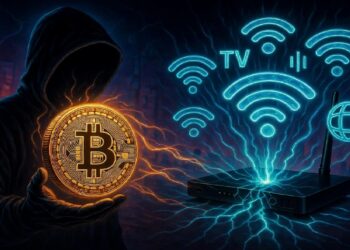Figura encapuchada sosteniendo Bitcoin brillante conectado por energía a un router, con íconos de TV, wifi e internet sobre fondo oscuro que sugiere actividad digital riesgosa.