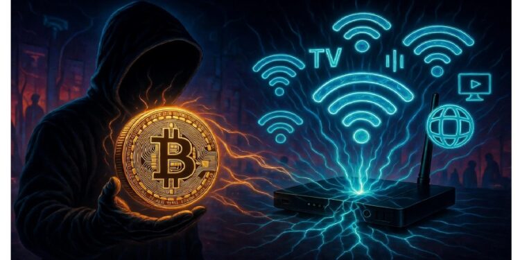 Figura encapuchada sosteniendo Bitcoin brillante conectado por energía a un router, con íconos de TV, wifi e internet sobre fondo oscuro que sugiere actividad digital riesgosa.