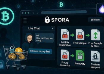 Interfaz de ransomware SPORA con chat de figura enmascarada, opciones bloqueadas de restauración y símbolos de bitcoin sobre fondo digital con carrito lleno de monedas.